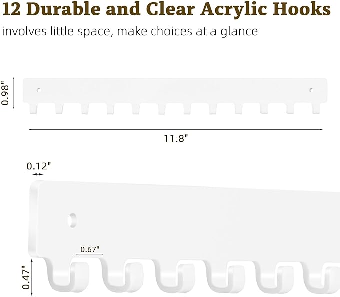 Acrylic Necklace Holder 2 Pack Wall Mounted Necklace Organizer Hanging Jewelry Organizer with 12 Hooks for Necklaces, Bracelets, Rings and Bangles Display（White）