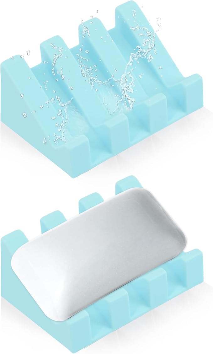2 Pack Self Draining Silicone Soap Dish with Suction Cups - Non-Slip Bar Soap Holder for Shower & Kitchen, Waterfall Tray Keeps Soap Dry, Easy Clean, Extends Soap Life (Sky Blue)