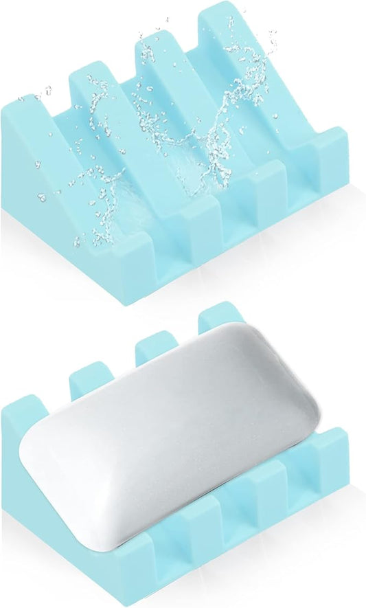2 Pack Self Draining Silicone Soap Dish with Suction Cups - Non-Slip Bar Soap Holder for Shower & Kitchen, Waterfall Tray Keeps Soap Dry, Easy Clean, Extends Soap Life (Sky Blue)