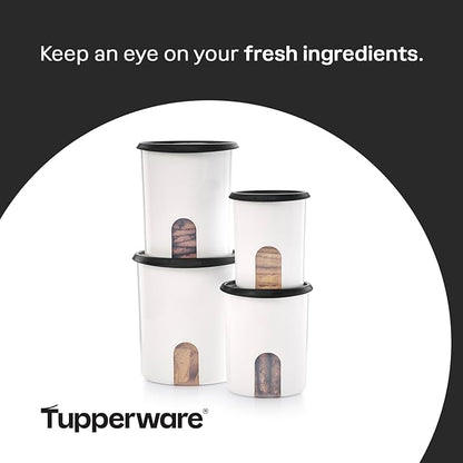 Tupperware One Touch Reminder Canisters 4 Canister Food Storage Set in White & Black, Dishwasher Safe and BPA Free, (4 Containers, 4 Lids)