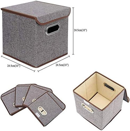 Storage Bin [Set of 4] Linen Fabric Foldable Container with Lid, Collapsible Organizer Boxes Cubes - 10 x 10 x 10 Inches (Gray)