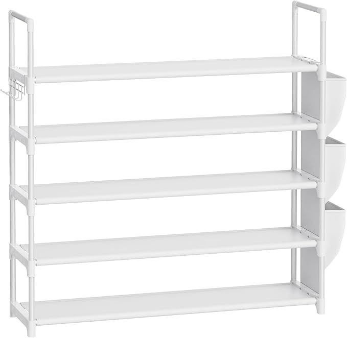 VILICK Shoe Rack for Closet Shoe Organizer Space Saver Storage for 20-25 Pair Shoe Shelf with Hook and Side Pocket Free Standing 5 Tier Shoe Rack Organizer for Entryway,Small Spaces, White