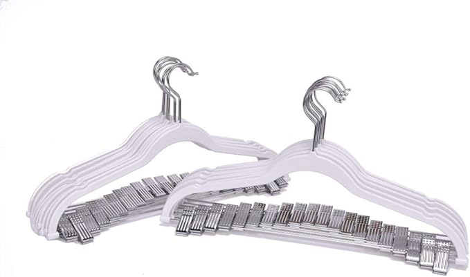Quality Plastic Non Velvet Non-Flocked Thin Compact Coat Hangers with Metal Clips for Skirts Pants Blouses 360° Swivel Hook (White, 20)
