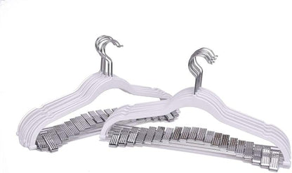 Quality Plastic Non Velvet Non-Flocked Thin Compact Coat Hangers with Metal Clips for Skirts Pants Blouses 360° Swivel Hook (White, 20)