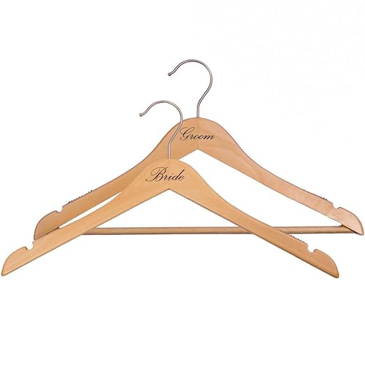 NAHANCO BG20017 Bridal Hanger Set, Natural Wood Hangers with Black Imprint (Bride and Groom), 17” (2 Piece Set)