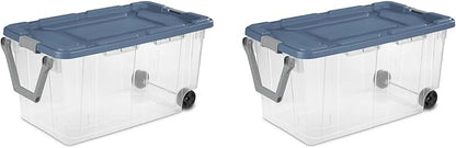 40-Gallon Wheeled Storage Bins (2-Pack) - Heavy Duty Plastic Totes with Lids & Handles - Industrial Garage/Utility Containers for Tools, Camping Gear (36.9" x 21.4") (Clear/Blue)