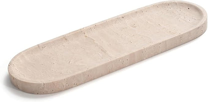 Oval Travertine Stone Tray for Jewelry, Candles, Perfume, Decorative Marble Bathroom Tray for Countertop Organizer 11.8inch x 4.3inch x 0.7inch