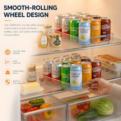 2 Pack Profile Fridge Organizer Bins with Wheels, 2.3'' Low Clear PET Roll Out Refrigerator Trays with 4 Dividers for Soda Cans, Drinks, Snacks and Pantry - Image 5