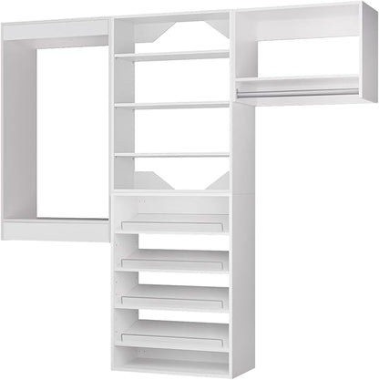 ROOMTEC Modular Closet System, 102" Wall Mounted Modern Closet Organizer with Hanging Rods and Shoe Shelf, Wooden Tower for Walk-In Closets, Wardrobe Storage Kit, White