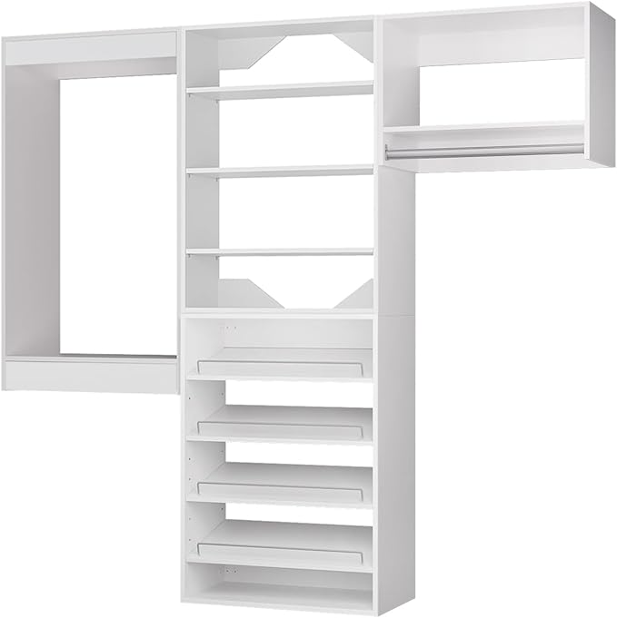 ROOMTEC Modular Closet System, 96" Wall Mounted Modern Closet Organizer with Hanging Rods and Shoe Shelf, Wooden Tower for Walk-In Closets, Wardrobe Storage Kit, White