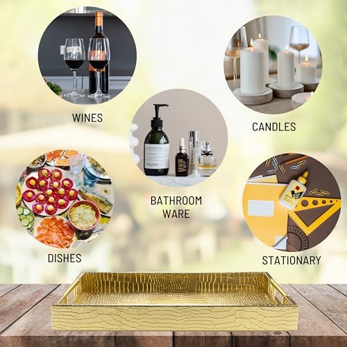 ATZYmolin 17"x12" Leather Serving Tray, Gold Handle Vanity Platter, Gold - Image 5