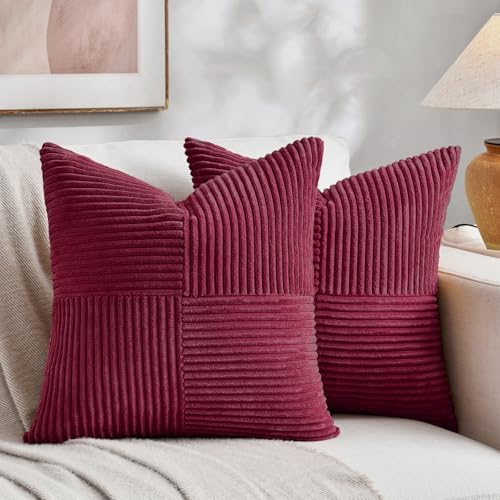 Fancy Homi 2 Packs Burgundy Red Decorative Throw Pillow Covers 20x20 Inch for Living Room Couch Bed Sofa, Farmhouse Boho Home Decor, Soft Corss Corduroy Patchwork Accent Cushion Case 50x50 cm by Fancy+Homi