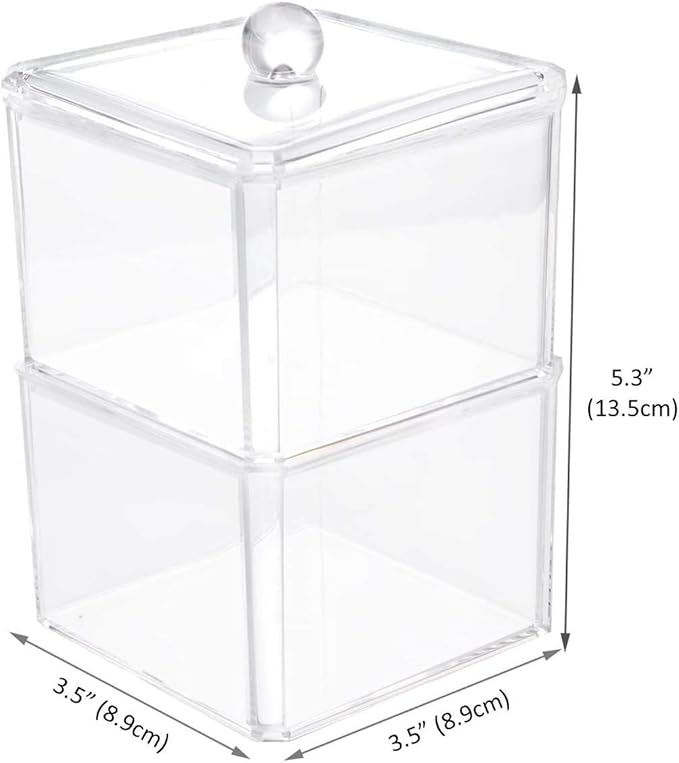 Square Acrylic Cotton Ball Pads Gauze Swab Holder Organizer Q-tip Dispenser Storage Canister Bathroom Container Flossers Box Case (3.5 x 3.5 x 5.3 inches, Two Tiers, Transparent)