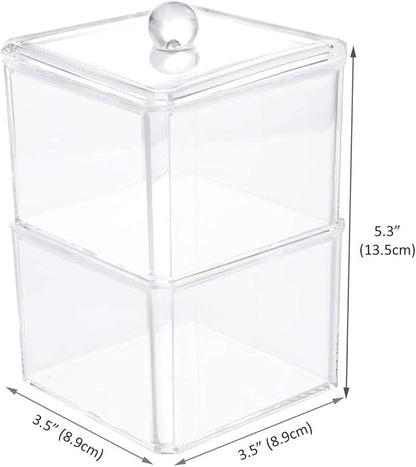 Square Acrylic Cotton Ball Pads Gauze Swab Holder Organizer Q-tip Dispenser Storage Canister Bathroom Container Flossers Box Case (3.5 x 3.5 x 5.3 inches, Two Tiers, Transparent)