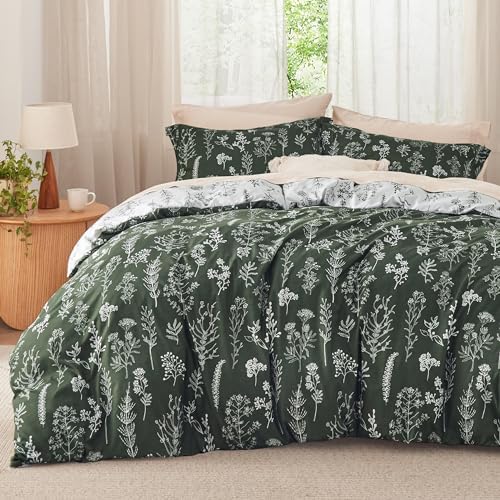 Bedsure Floral Comforter Set Cute Bedding Set Queen Reversible Dark Olive by BEDSURE