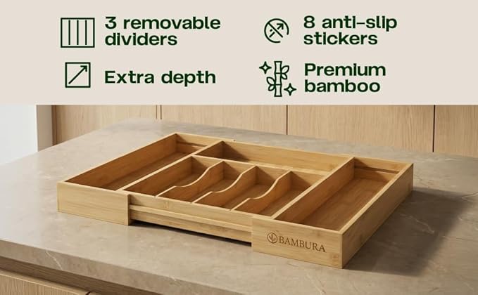 Premium Bamboo Utensil Drawer Organizer Expandable – Modular Silverware Organizer Adjustable Design w/Deep Compartments, Kitchen, & Office Drawer Dividers for Utensils, Cutlery, Makeup, Desk