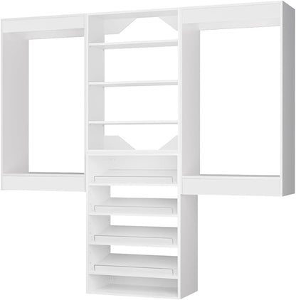 ROOMTEC Modular Closet System, 84" Wall Mounted Closet Organizer with Hanging Rods and Shoe Shelf, Wooden Tower for Walk-In Closets, Wardrobe Storage Kit, White
