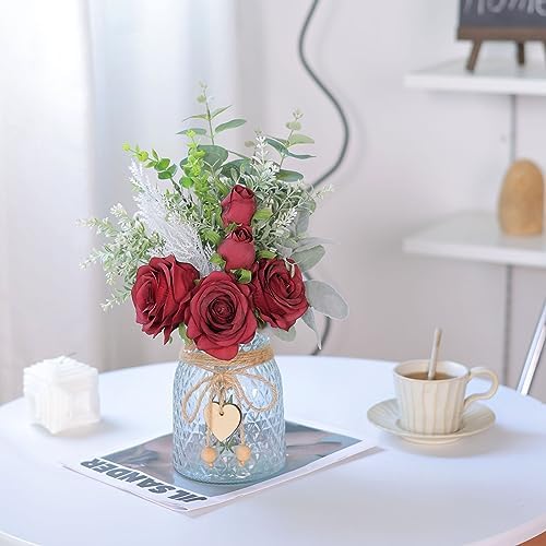 14.5" Artificial Silk Roses with Vase for Home Decoration (Burgundy) - Image 2