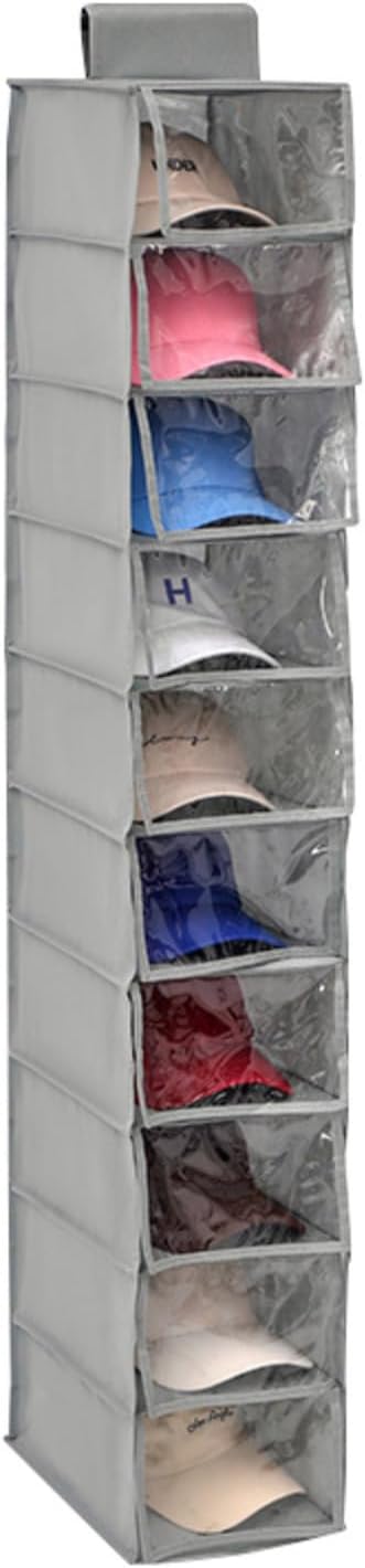 Hat Organizer Hanger, Hat Rack for Baseball Caps, Hanging Closet Organizer with 10 Pockets & Cover, Foldable Hat Storage Hanger Holder for Closet, Shelf (Grey)