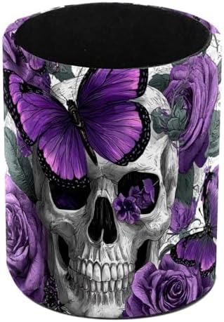 Faux Leather Pen Holder for Desk, Pencil Organizer Purple Butterflies and Skulls Pen Cup Desk Decor Makeup Brush Holder Storage for Office Home by DragonBtu