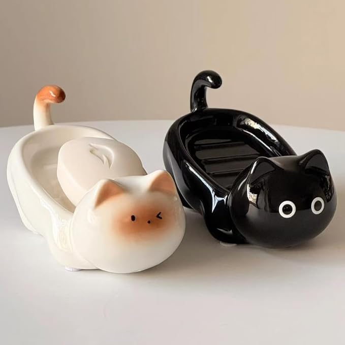 Ceramic Cute Cat Soap Dish, Self-Draining Bar Soap Holder for Shower, Decorative Soap Tray for Bathroom Sink Kitchen Counter, Easy Clean Soap Saver Tray (Black)