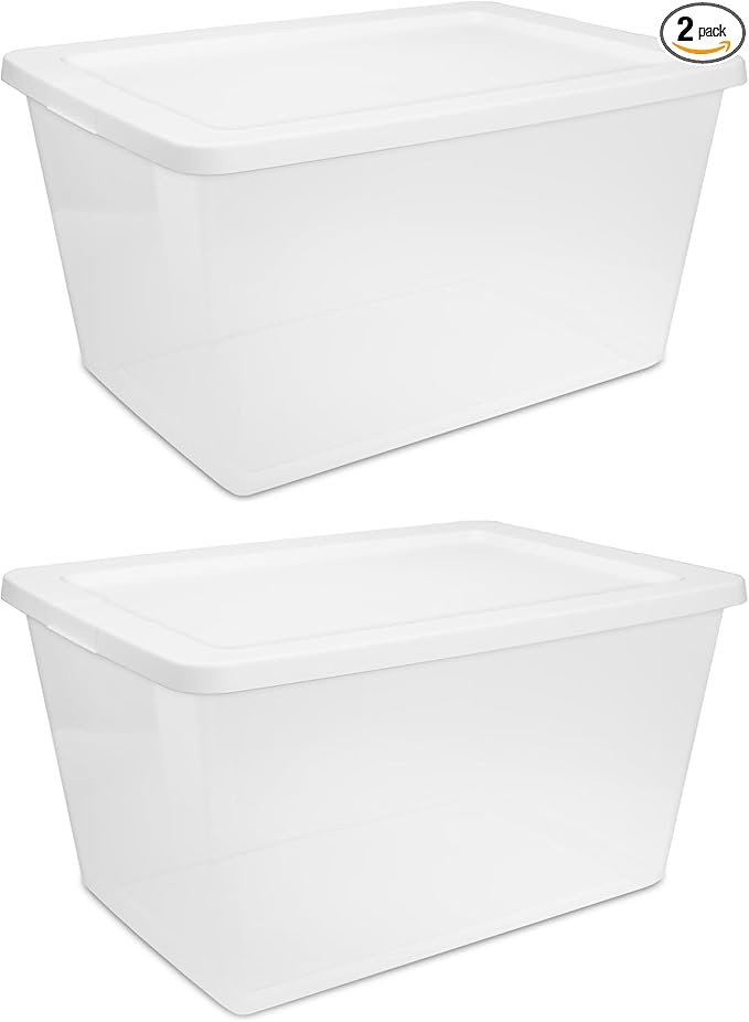 58 Quart Clear Storage Bin with Snap-on White Lid, Storage Container, 2 Pack