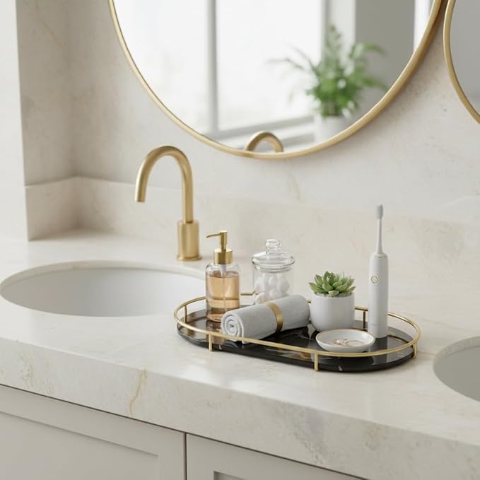 Oval Bathroom Organizer Tray Vanity Countertop Decor with Non-Slip Base for Towel Cosmetic Jewelry and Napkin Storage