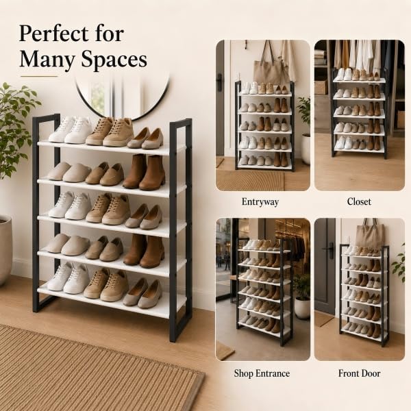 6-Tier Shoe Rack Organizer, Zero-Wobble Metal Frame with Screw-Fastened Joints, 11.8" Deep Heel-Friendly Non-Woven Shelves, Stackable Shoe Storage for Closet & Entryway