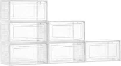VEVOR Shoe Storage Boxes, 6 Pack Clear Stackable Shoe Boxes Storage Organizers with Magnetic Door, Fit up to US Size 13, Plastic Sneaker Containers for High Heels, Boots, and Hats, Transparent White
