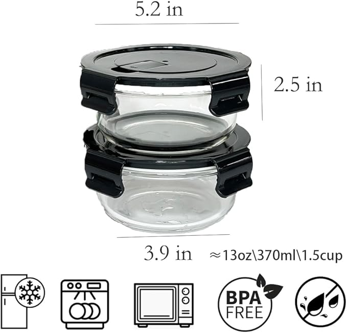 12Oz Round Glass Food Containers With Lids, Small Round Glass Meal Prep Containers,1.5 Cup Clear Food Storage Containers With Lids BPA-Free, Microwave, Dishwasher, Freezer Safe（Black