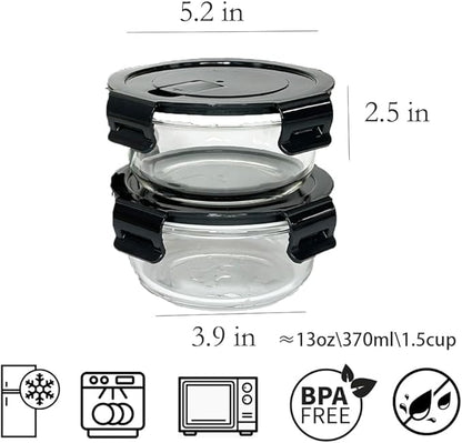 12Oz Round Glass Food Containers With Lids, Small Round Glass Meal Prep Containers,1.5 Cup Clear Food Storage Containers With Lids BPA-Free, Microwave, Dishwasher, Freezer Safe（Black