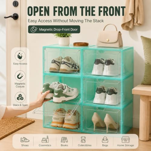 1 Pack Green Stackable Shoe Box for Men’s Sneakers, Magnetic Drop-Front Organizer for Closet or Display, Fits Shoes up to Size 13 – 13.5 x 10.55 x 7.5 In - Image 4