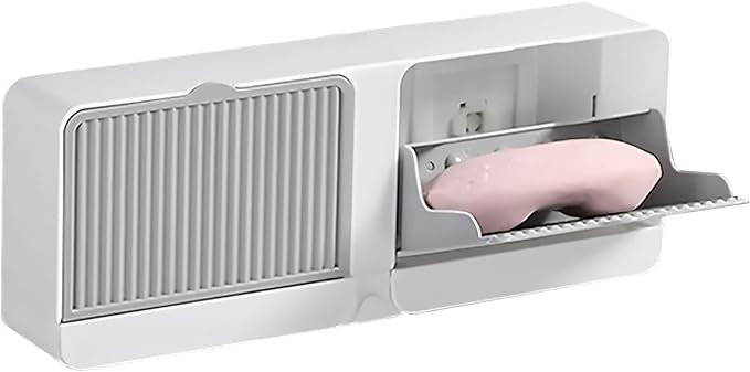 [Dual-Room] Dust-Proof Soap Holder for Shower Wall, Adhesive Wall-Mounted Bar Soap Dish, No-Drill Plastic Soap Saver with Drain, xicveiuz White-Grey