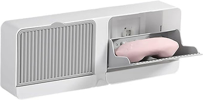 [Dual-Room] Dust-Proof Soap Holder for Shower Wall, Adhesive Wall-Mounted Bar Soap Dish, No-Drill Plastic Soap Saver with Drain, xicveiuz White-Grey