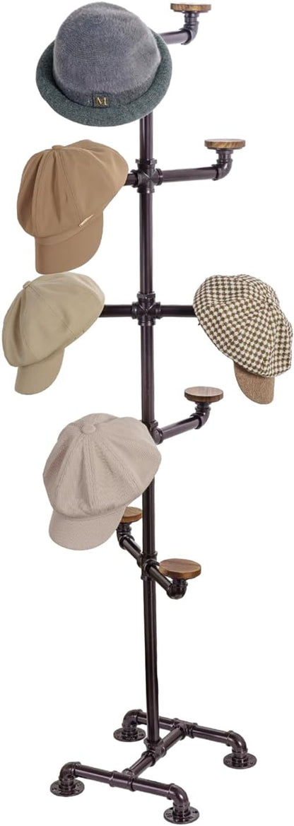 MyGift Hat Rack Stand, Cowboy Hat Tree with 10 Round Rustic Burnt Wood Hat Hangers, Industrial Metal Decorative Pipework Stand with Hooks for Hanging Hats or Wigs, Entryway, Bedroom