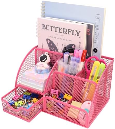 Boutilon Mesh Desk Organizer Desktop Office Supplies Stationary Organizer with 6 Compartments and 1 Drawer Multi-Functional Caddy Pen Holder for Home Office School Desk Decor(Rose Red) by Boutilon