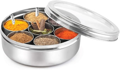 Mumma's LIFE Stainless Steel Masala Dabba/Spice Box with See Through Lid, 7 Containers and 1 Small Spoons (13 inch)