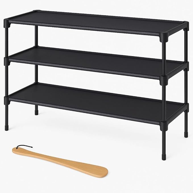 3-Tier Stackable Shoe Rack Organizer - Heavy Duty Metal & Fabric Shoe Shelf for Closet, Entryway, and Mudroom - Space Saving Shoe Storage Bench for Sneakers & Boots