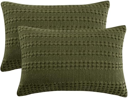 PHF 100% Cotton Waffle Pillow Shams Queen Size, 2 Pack 20" x 30" Soft Skin-Friendly Pillowcases, No Filling, Aesthetic Woven and Breathable Waffle Weave Pillow Case Covers for Bed, Capulet Olive by PHF