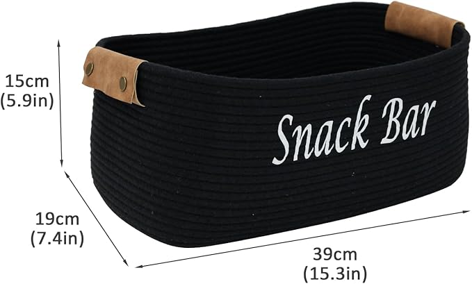 Snack Organizer for Pantry Shelf, Black Cotton Rope Basket with Handles, Snack Bin for Storing Chips, Pretzels, Cookies, Popcorn, Snack Bar Station Kitchen Organization