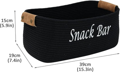 Snack Organizer for Pantry Shelf, Black Cotton Rope Basket with Handles, Snack Bin for Storing Chips, Pretzels, Cookies, Popcorn, Snack Bar Station Kitchen Organization