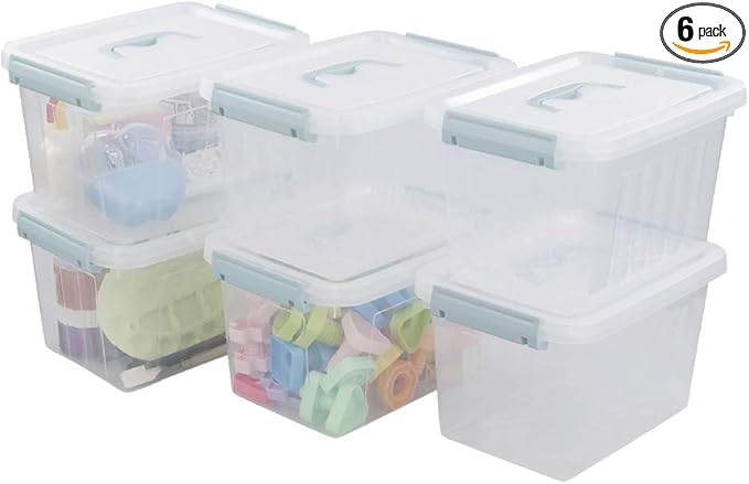 Pekky Plastic Storage Bin with Handle, Clear Latching Tote, 6 Quart, 6 Packs