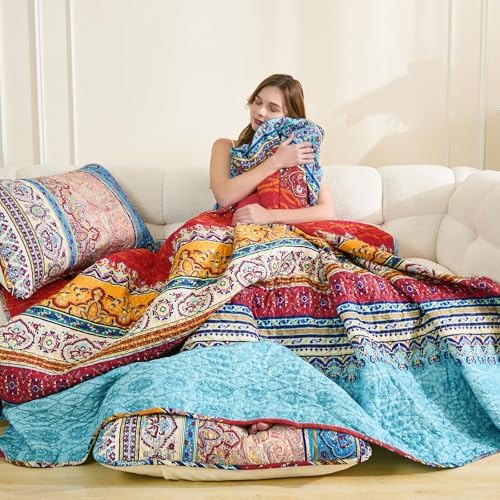 WONGS BEDDING Blue Quilt King Size, Boho Stripe Bedding Set - Image 3