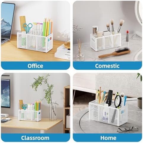 Marbrasse Mesh Pen Holder for Desk, Pencil Holder Desk Organizer 3 Adjustable Compartments, Pencil Cup with Handle Perfect for Classroom, Office, Home, Makeup, Art (White) - Image 6