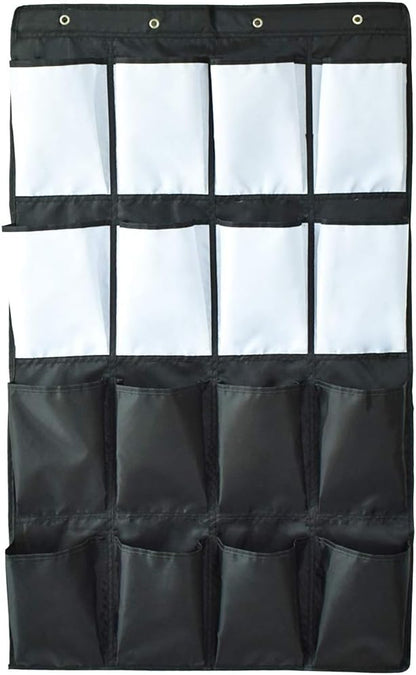 HeyToo Over The Door Shoe Organizer 16 Large Oxford Fabric Pockets Accessory Storage Hanging Narrow Closet Wall Black and White