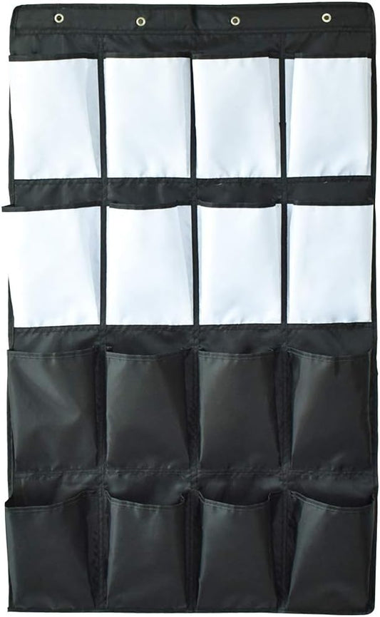 HeyToo Over The Door Shoe Organizer 16 Large Oxford Fabric Pockets Accessory Storage Hanging Narrow Closet Wall Black and White
