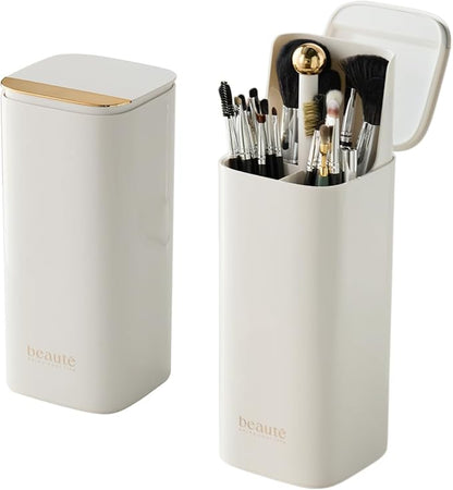 Osuke Makeup Brush Holder with Lid Cosmetic Tools Organizer,One Touch Open 4 Slot Makeup Brush Case with Waterproof Dustproof, Cosmetic Storage for Dresser Vanity and Bathroom Countertop