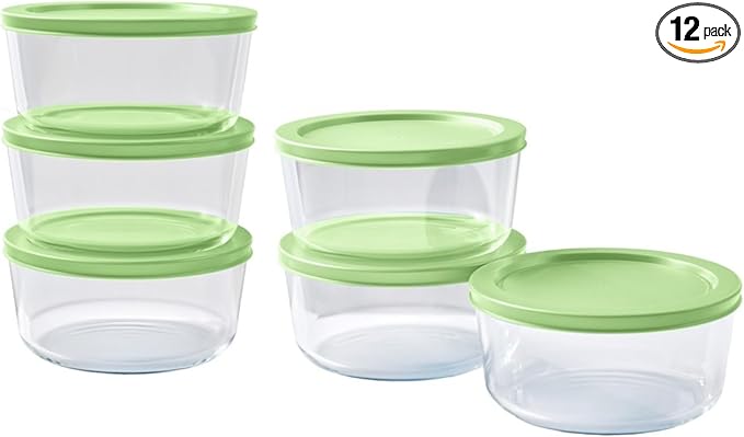 12-Piece Glass Food Storage Containers Set (6 Containers + 6 BPA-Free Lids) | 2-Cup, Leakproof | Microwave, Freezer, Oven & Dishwasher Safe | Ideal for Meal Prep & Pantry Organization, Pistachio