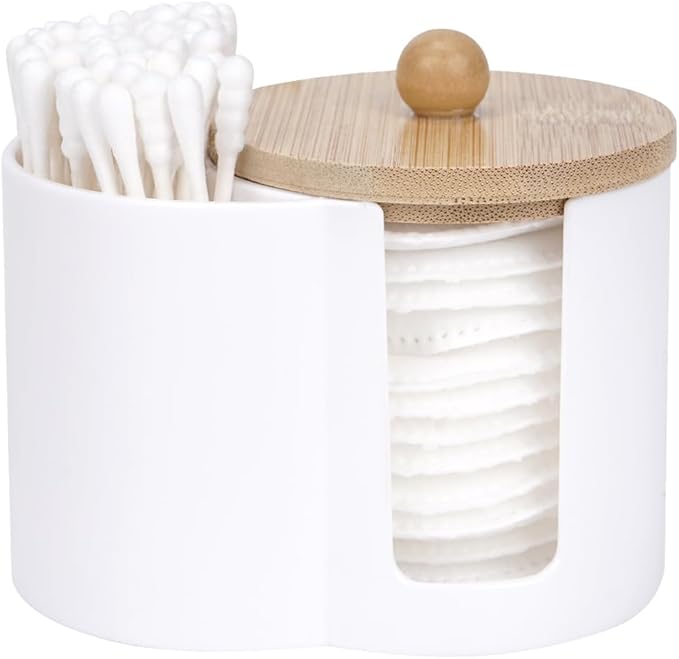 Adorila Compact Cotton Pad & Swab Holder with Bamboo Lid, Dust-Free Space-Saving Bathroom Vanity Organizer for Floss (White)