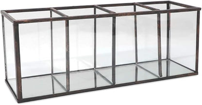 Isaac Jacobs 4-Compartment Organizer- Makeup Brush Holder- Vintage Style Brass and Glass Storage Solution with Mirror Base- Office, Bathroom, Kitchen Supplies and More (Antique Bronze)